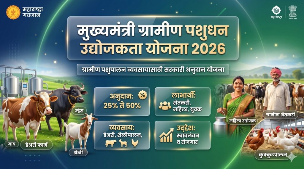 मुख्यमंत्री ग्रामीण पशुधन उद्योजकता योजना 2026 अंतर्गत पशुपालन व्यवसायासाठी अनुदान,पात्रता,अर्ज प्रक्रिया व लाभांची माहिती.