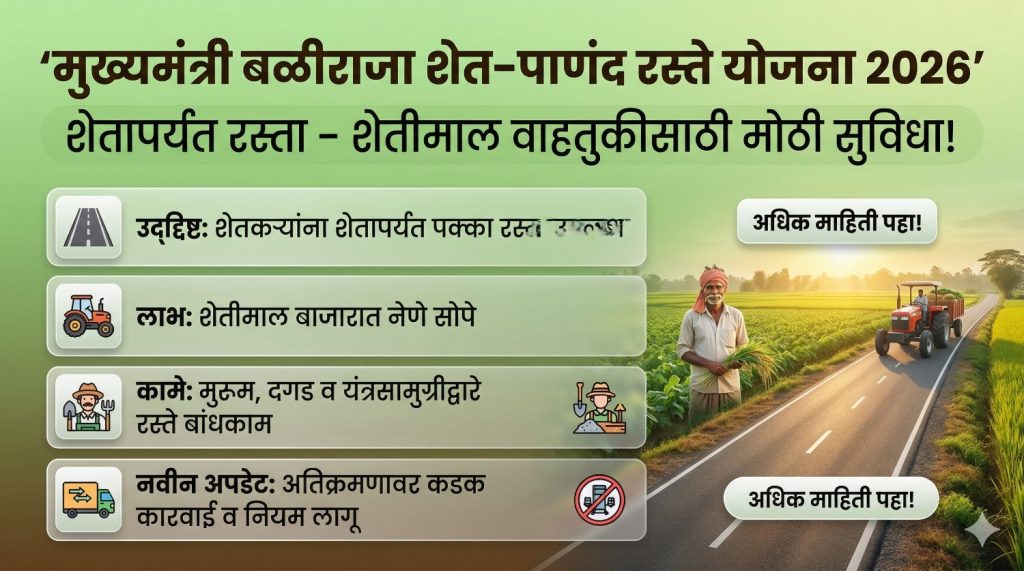 मुख्यमंत्री बळीराजा शेत–पाणंद रस्ते योजना 2026: नवीन अपडेट, पात्रता, अर्ज प्रक्रिया आणि संपूर्ण माहिती.